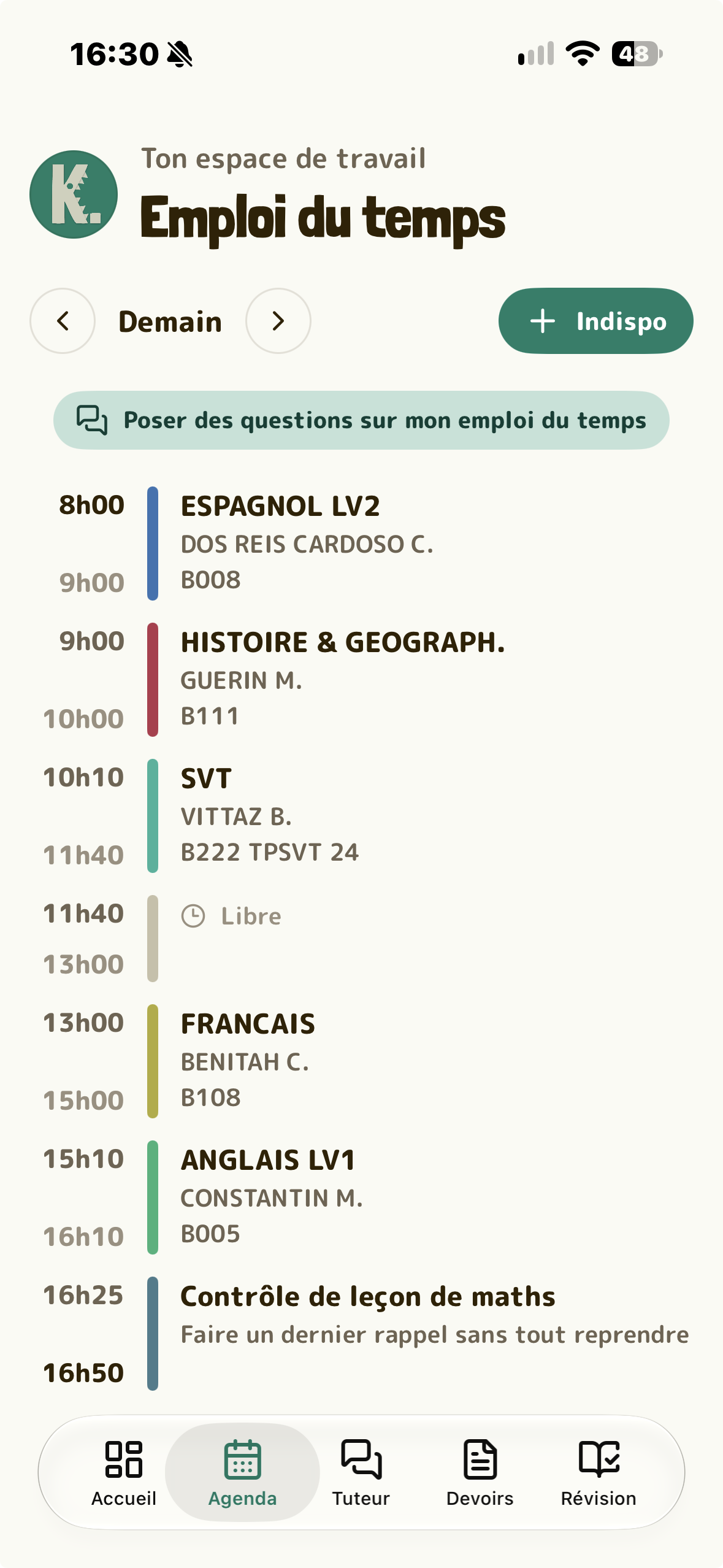 Planning Kroco affichant les cours importés depuis PRONOTE et une session de révision de maths ajoutée automatiquement.